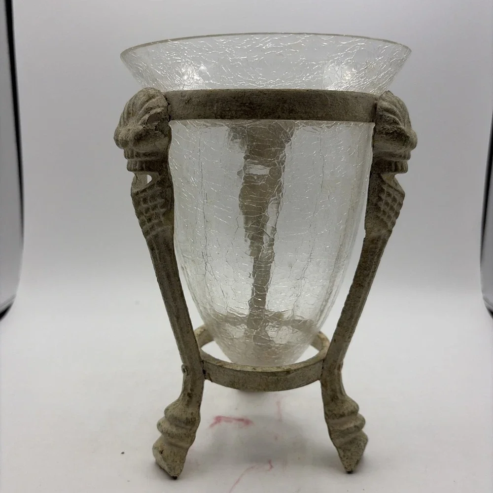 Three Footed Metal Stand w/Crackle Glass Vase Insert Centerpiece - 8 3/4